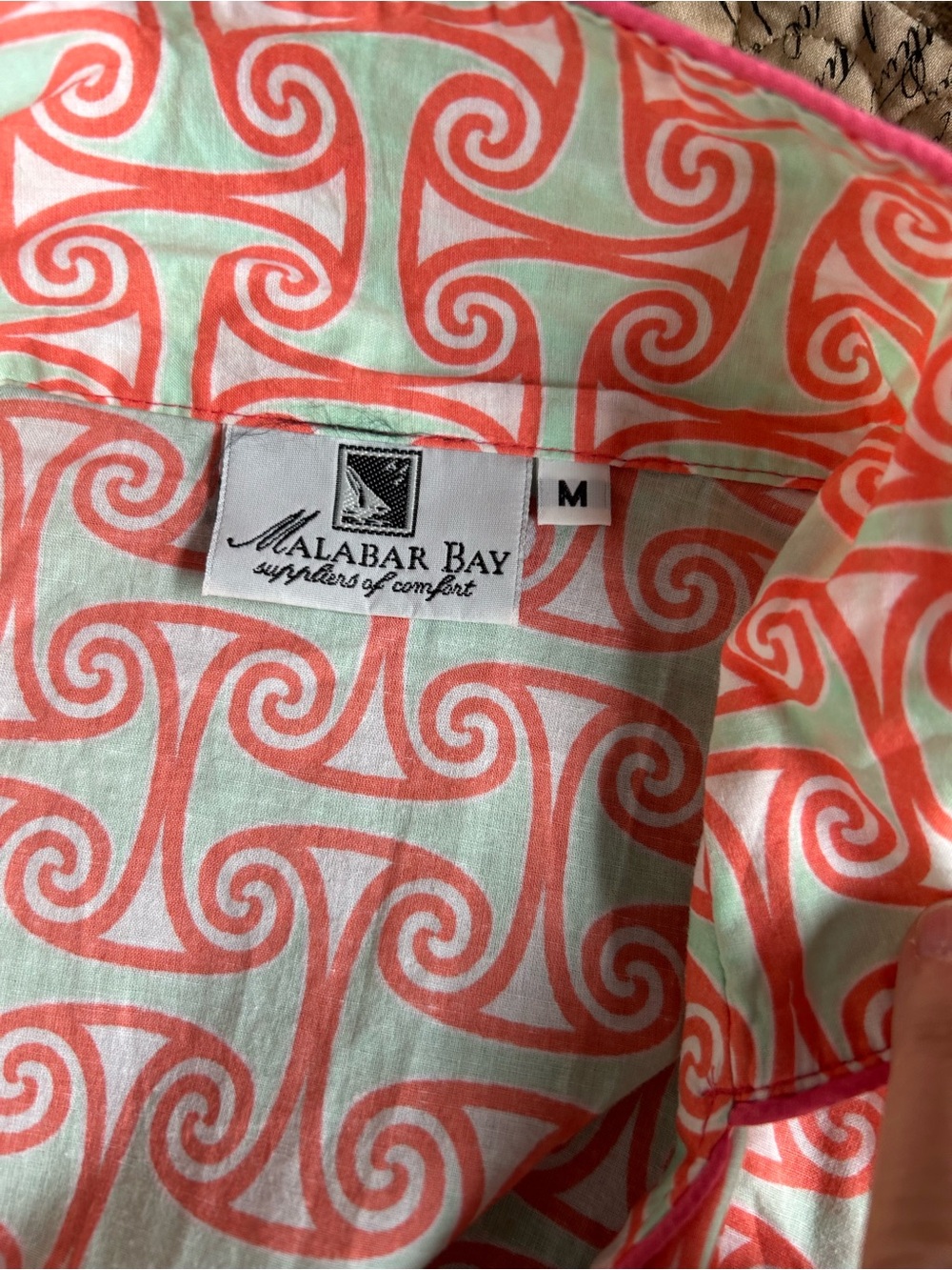 MALABAR BAY Pajama Set, Organic Cotton Salmon/Mint Colored Print, Medium. - Picture 4 of 7